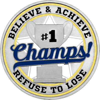 Navy Blue "Champs!" with Gold Outer Circular Borders